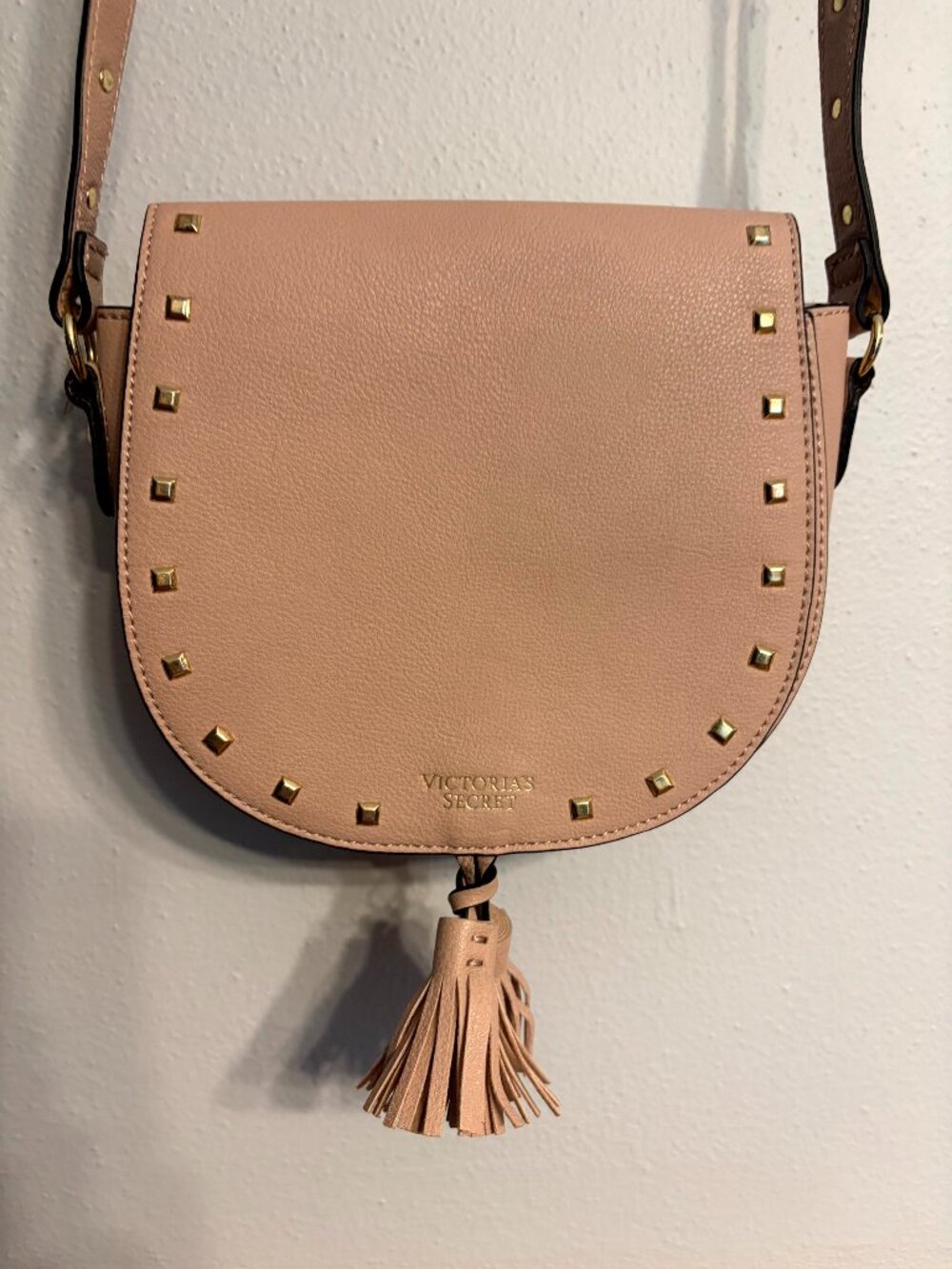Victoria's Secret Pink Faux Leather Crossbody Saddle Bag Purse Studded Tassels